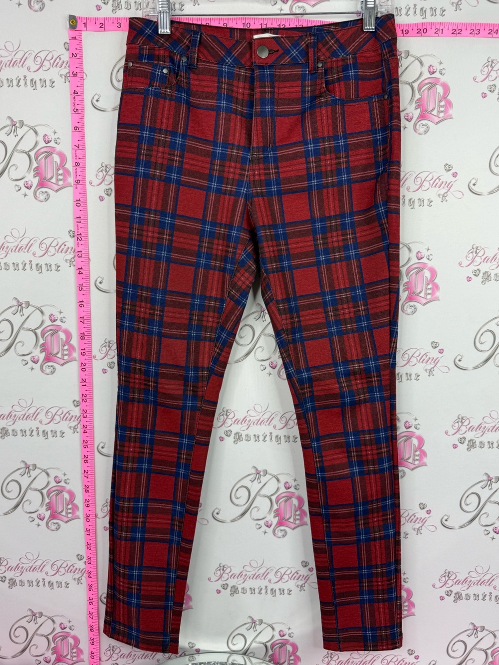 AVEC LES Filles pants plaid red and Blue Plaid Skinny Jeans